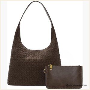 Faux Suede Woven Hobo Tote Bag with Zippered Compartments for Work Travel